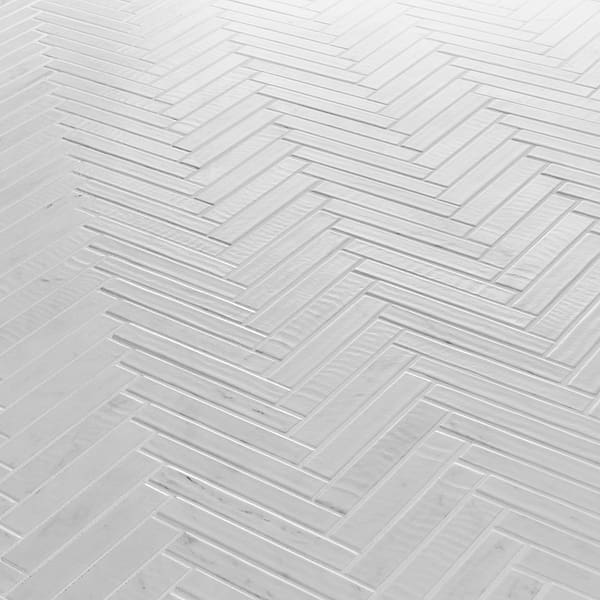 Velour Bianco Carrara 1x6 Herringbone Leather Marble Mosaic Tile in White, View 4, open zoomed image