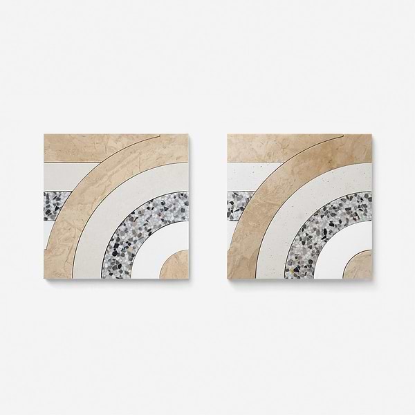 Elizabeth Sutton Arc Horizontal Fish Scale Desert Beige 12x12 Honed Marble and Terrazzo Mosaic Tile