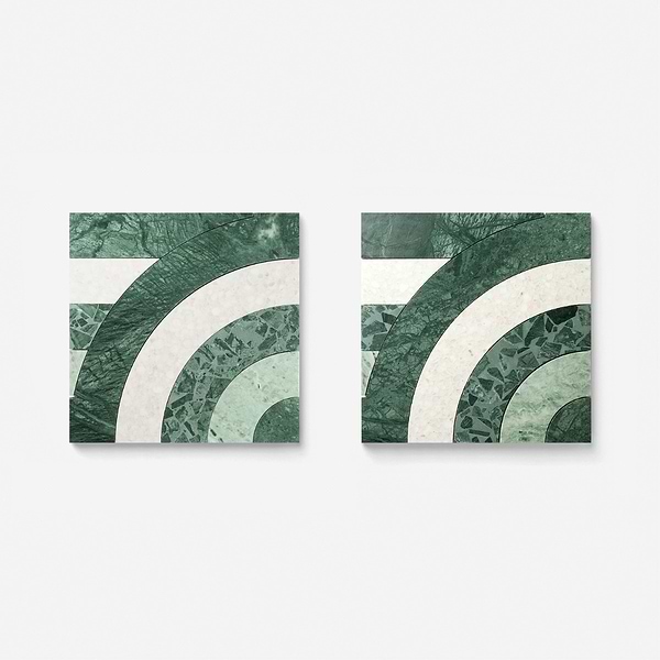 Elizabeth Sutton Arc Horizontal Forest Green 12x12 Honed Marble and Terrazzo Mosaic Tile