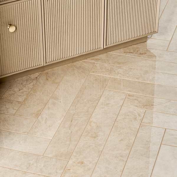 Grand Taj Mahal Champagne Beige 4x24 Stone Look Polished Porcelain Tile in Beige, View 4, open zoomed image