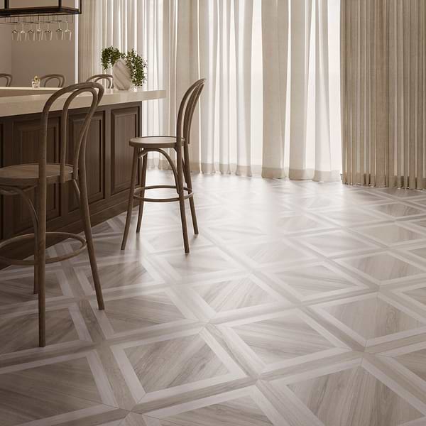 Marsai Modern Parquet Weathered & Light Oak 32x32 Wood Look Matte Porcelain Tile in Brown, View 4, open zoomed image