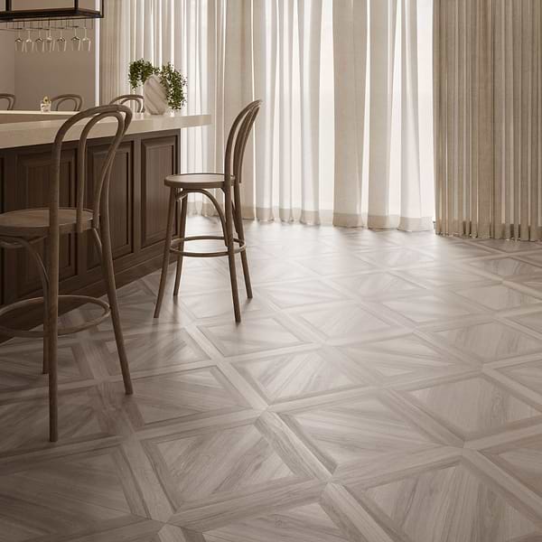 Marsai Modern Parquet Weathered & Medium Oak 32x32 Wood Look Matte Porcelain Tile in Brown, View 4, open zoomed image