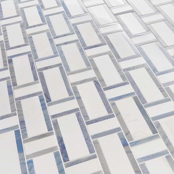 Esplanade Thassos and Blue Macauba Polished Marble Mosaic Tile; in White, Blue Thassos, Blue Macauba image 4; for Backsplash, Bathroom Floor, Bathroom Wall, Commercial Floor, Floor Tile, Kitchen Floor, Kitchen Wall, Outdoor Floor, Outdoor Wall, Shower Floor, Shower Wall, Wall Tile; in Style Ideas Classic, Cottage, Farmhouse, Transitional