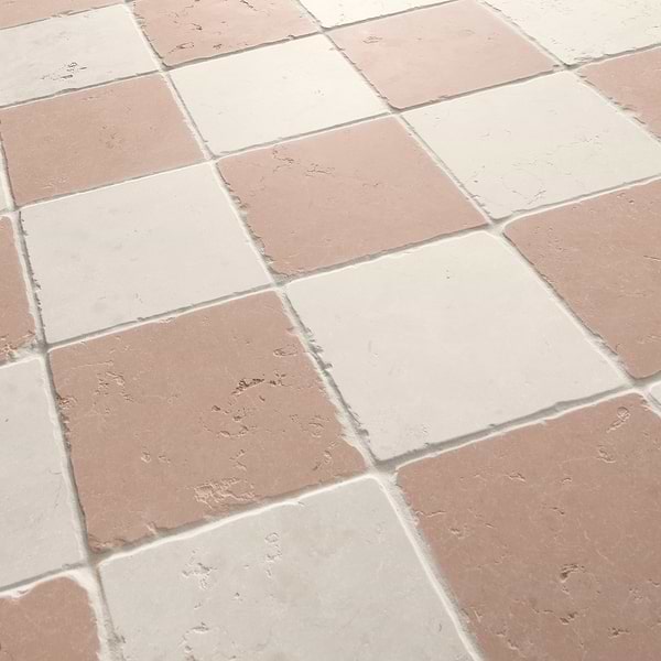 Bianco and Rosa Perlino 8x8 Tumbled Marble Checkerboard Tile
