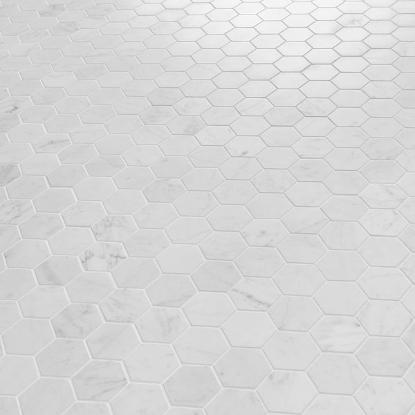 Bianco Carrara 2" Hexagon Polished Marble Mosaic Tile in White, View 4, open zoomed image
