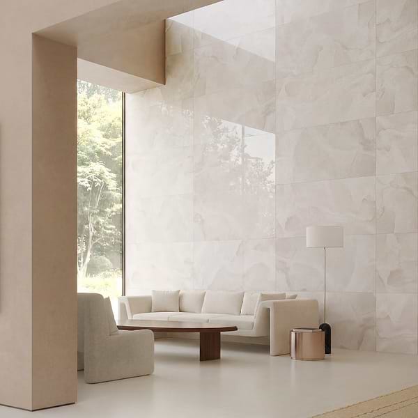 Harmonyx Vanilla White 24x48 Onyx Look Polished Porcelain Tile in Warm White, View 4, open zoomed image