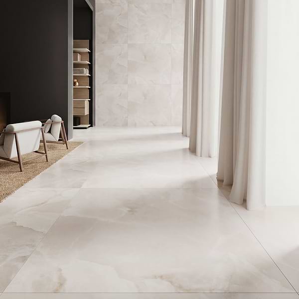 Harmonyx Vanilla White 48x48 Onyx Look Satin Porcelain Tile in Warm White, View 4, open zoomed image