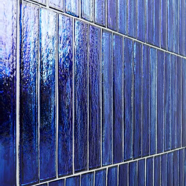 Komorebi Brick Athens Blue 2x12 Polished Glass Subway Tile