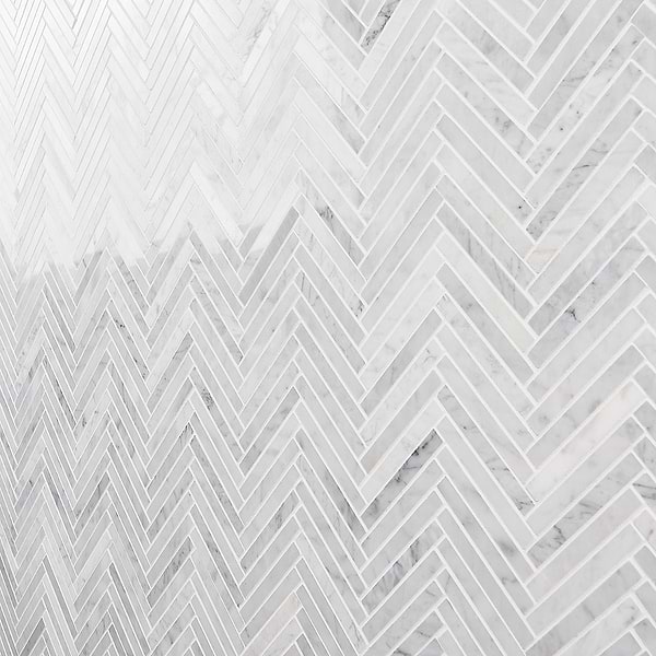 Carrara 1/2"x4" Herringbone Polished Marble Mosaic Tile