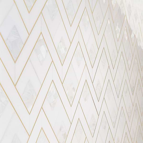 Zeta Pearl White Polished Marble- Pearl and Brass Waterjet Mosaic Tile