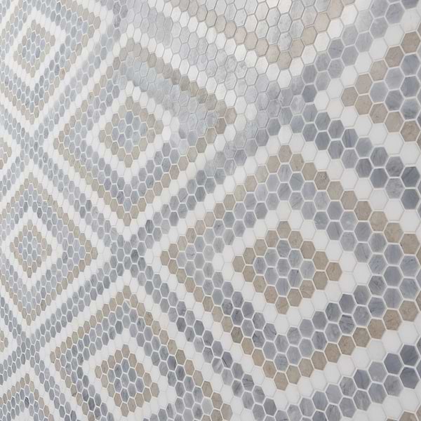Juno Diamond Beige and Gray 1" Hexagon Polished Marble Mosaic Tile