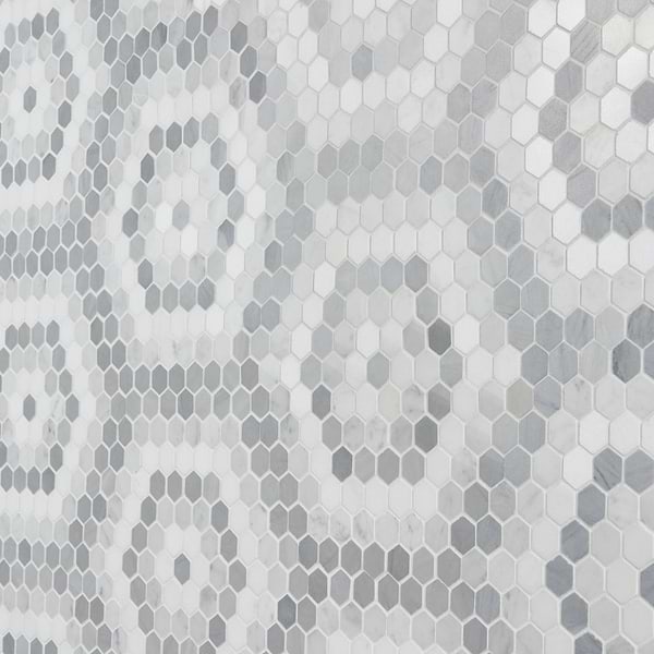Juno Honeycomb Gray and White 1" Hexagon Polished Marble Mosaic Tile