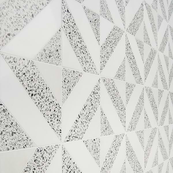 Cleopatra Diagonal Truffle White Terrazzo and Bianco White Marble Polished Mosaic Tile