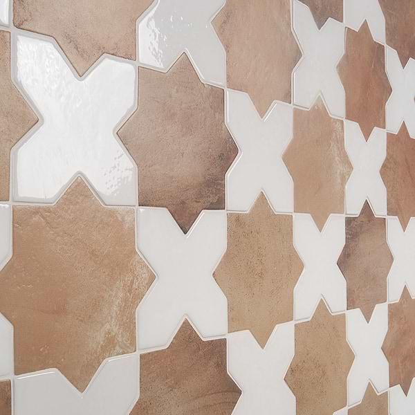 Parma Cotto Brown Matte Star and White Polished Cross 6" Terracotta Look Porcelain Tile
