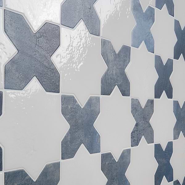 Parma White Polished Star and Denim Blue Matte Cross 6" Terracotta Look Porcelain Tile