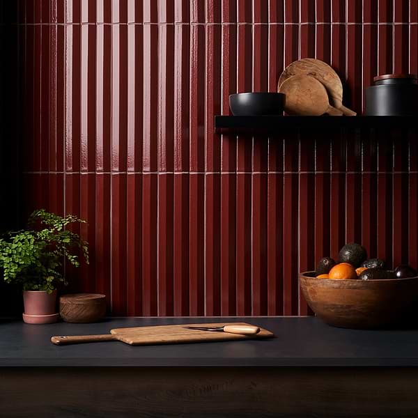 Ponto Ruby Red Fluted 5x16 3D Polished Porcelain Tile
