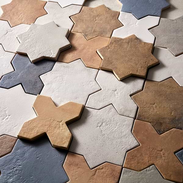 Parma White Matte Star and Dove Gray Matte Cross 6" Terracotta Look Porcelain Tile