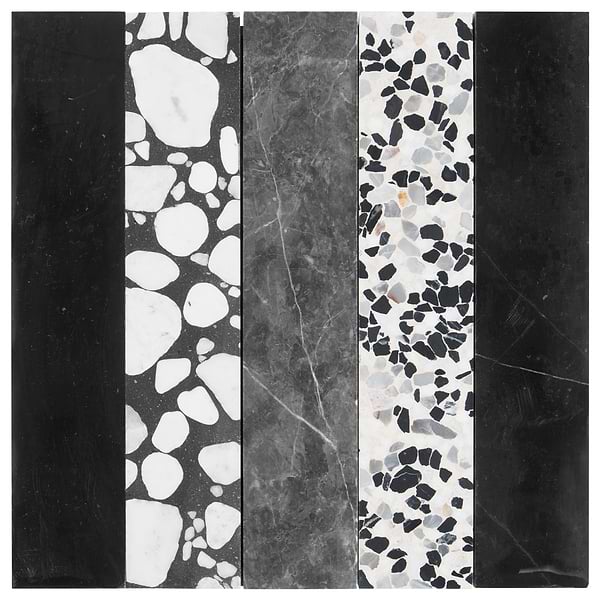 Elizabeth Sutton Arc Offset Linear Noir Black & White 12x12 Honed Marble and Terrazzo Mosaic Tile