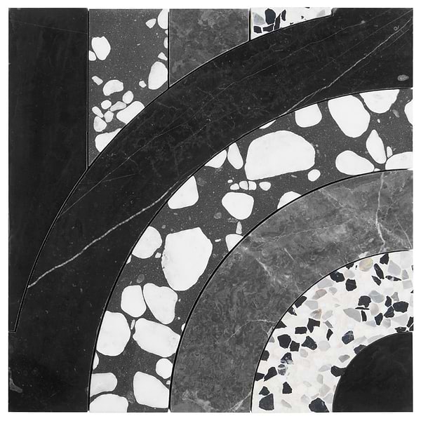 Elizabeth Sutton Arc Oval Noir Black & White 12x12 Honed Marble and Terrazzo Mosaic Tile