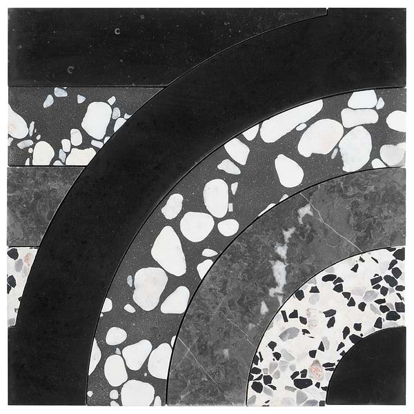 Elizabeth Sutton Arc Semi-Circle Noir Black & White 12x12 Honed Marble and Terrazzo Mosaic Tile
