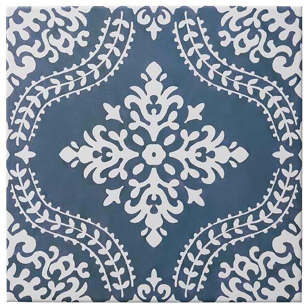 Elowynn Flora Marina Blue 8x8 Matte Porcelain Tile by Kravet in Blue, White, View 5, open zoomed image
