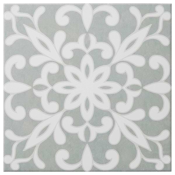 Elowynn Medallion Seafoam Green 8x8 Matte Porcelain Tile by Kravet in Green, White, View 5, open zoomed image