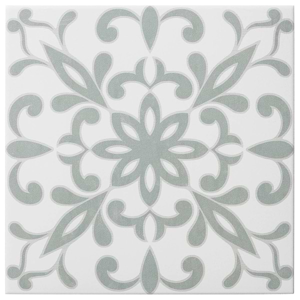 Elowynn Medallion Salt White 8x8 Matte Porcelain Tile by Kravet in Green, White, View 5, open zoomed image