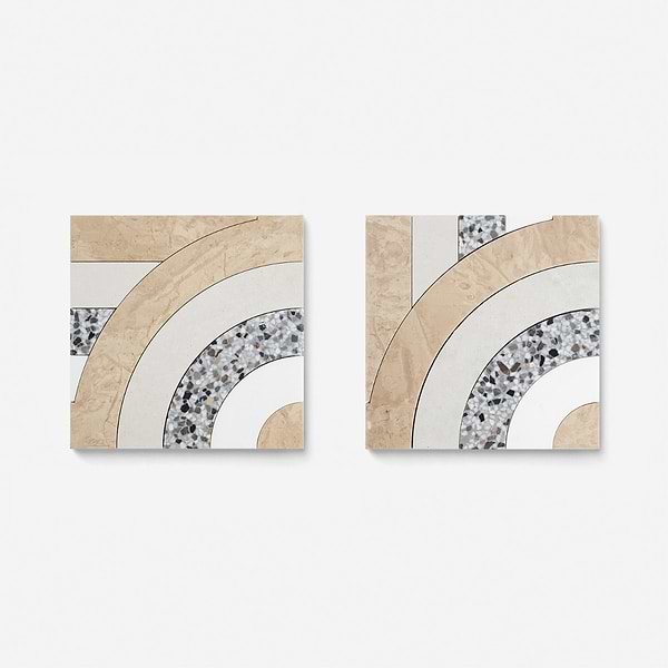 Elizabeth Sutton Arc Offset Semi-Circle Desert Beige 12x12 Honed Marble and Terrazzo Mosaic Tile