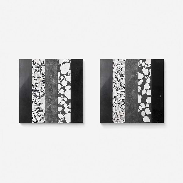 Elizabeth Sutton Arc Linear Noir Black & White 12x12 Honed Marble and Terrazzo Mosaic Tile