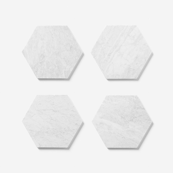 Bianco Carrara 10" Hexagon Honed Marble Tile in White, View 5, open zoomed image