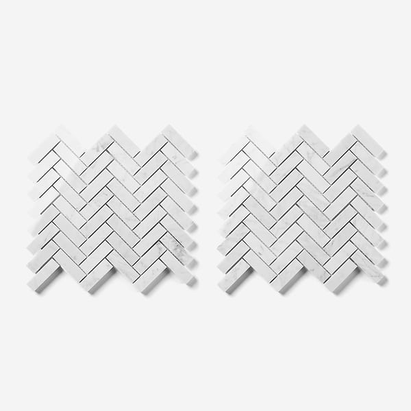 Bianco Carrara 1x3 Herringbone Polished Marble Mosaic Tile in White, View 5, open zoomed image