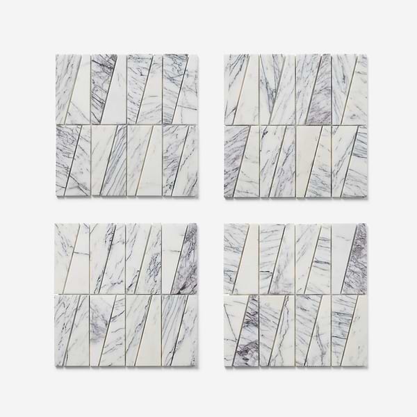Velour Lilac 2x6 Trapezoid Leather Marble Mosaic Tile in White, Purple, View 5, open zoomed image