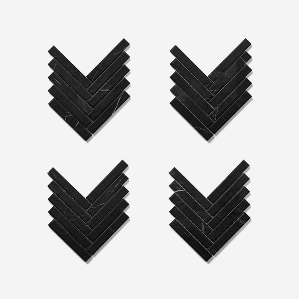 Velour Nero Marquina 1x6 Herringbone Leather Marble Mosaic Tile in Black, White, View 5, open zoomed image