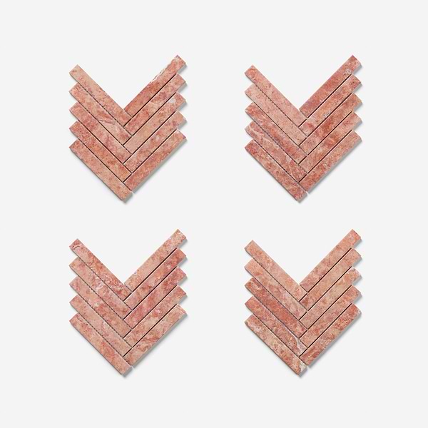 Velour Red Travertine 1x6 Herringbone Leather Marble Mosaic Tile in Red, View 5, open zoomed image