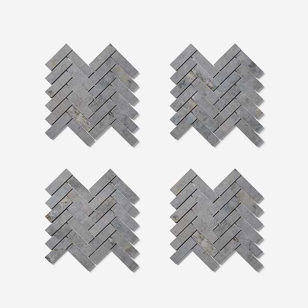 Portrait Ocean Blue 1x4 Herringbone Matte Mosaic Tile in Blue Gray, View 5, open zoomed image