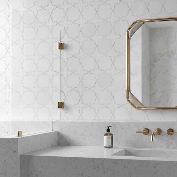 Ellsen Thassos and Calacatta Gold Polished Marble Mosaic Tile by Kravet in White, Gray, View 5, open zoomed image