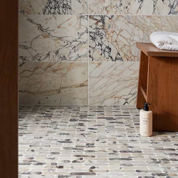 Calacatta Monet 1x4 Pill Honed Marble Mosaic Tile-Sample in White, View 5, open zoomed image