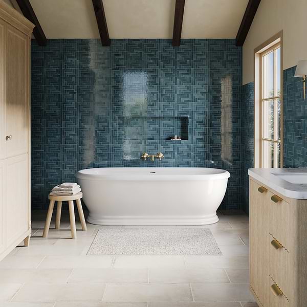Zelora Coastal Blue Herringbone Glosrry Ceramic Mosaic Tile