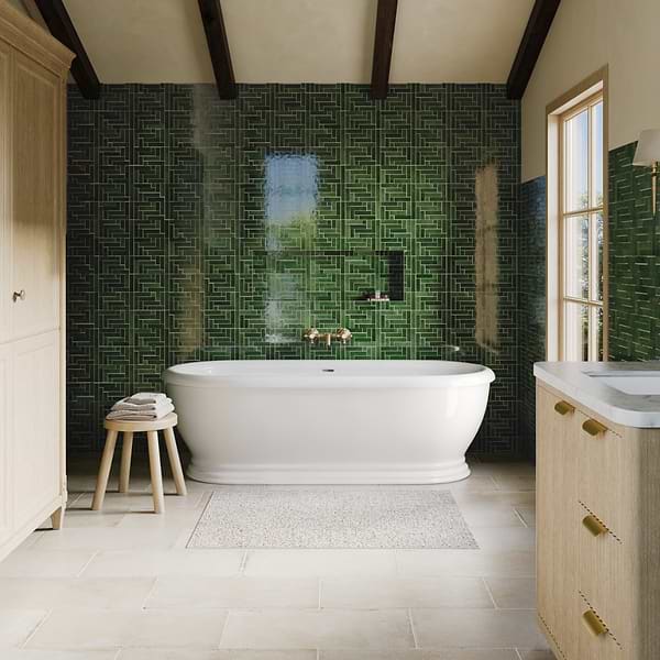 Zelora Forest Green Herringbone Glossy Ceramic Mosaic Tile