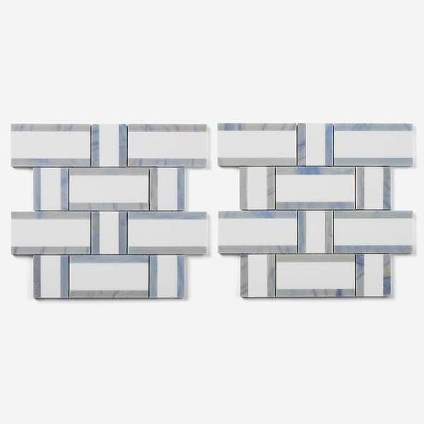 Esplanade Thassos and Blue Macauba Polished Marble Mosaic Tile; in White, Blue Thassos, Blue Macauba image 5; for Backsplash, Bathroom Floor, Bathroom Wall, Commercial Floor, Floor Tile, Kitchen Floor, Kitchen Wall, Outdoor Floor, Outdoor Wall, Shower Floor, Shower Wall, Wall Tile; in Style Ideas Classic, Cottage, Farmhouse, Transitional