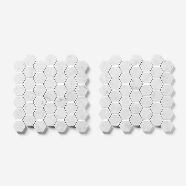 Bianco Carrara 2" Hexagon Polished Marble Mosaic Tile in White, View 5, open zoomed image