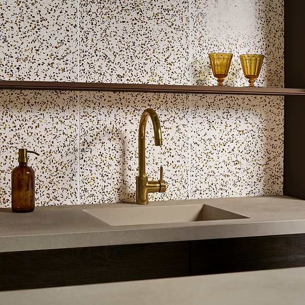 Veritas Terrazzo Creme with Gold 16x16 Polished Terrazzo Tile