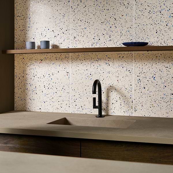 Veritas Terrazzo Creme with Nautical Blue 16x16 Polished Terrazzo Tile