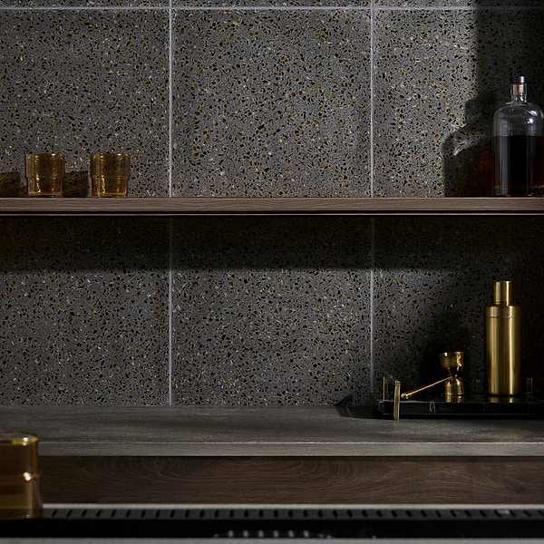 Veritas Terrazzo Sombra Charcoal with Gold 16x16 Polished Terrazzo Tile