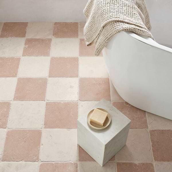Bianco and Rosa Perlino 8x8 Tumbled Marble Checkerboard Tile