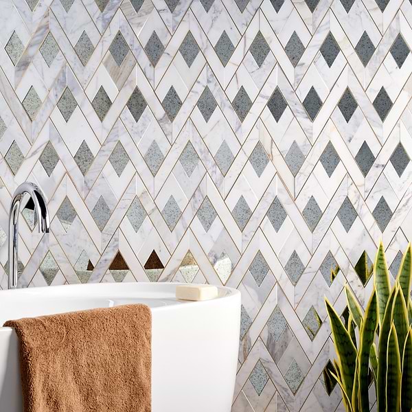 Zeta Mirror Silver Polished Marble- Antique Mirror and Brass Waterjet Mosaic Tile