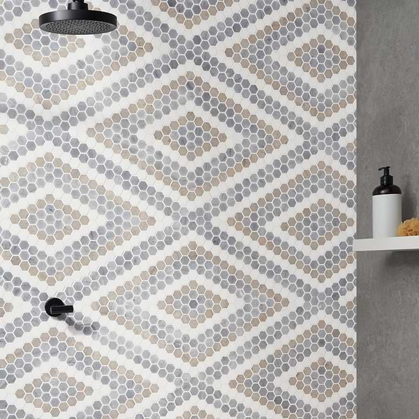 Juno Diamond Beige and Gray 1" Hexagon Polished Marble Mosaic Tile