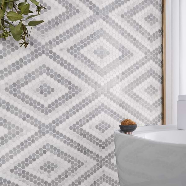 Juno Diamond Gray and White 1" Hexagon Polished Marble Mosaic Tile