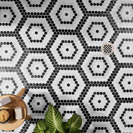 Juno Honeycomb Black and White 1" Hexagon Polished Marble Mosaic Tile
