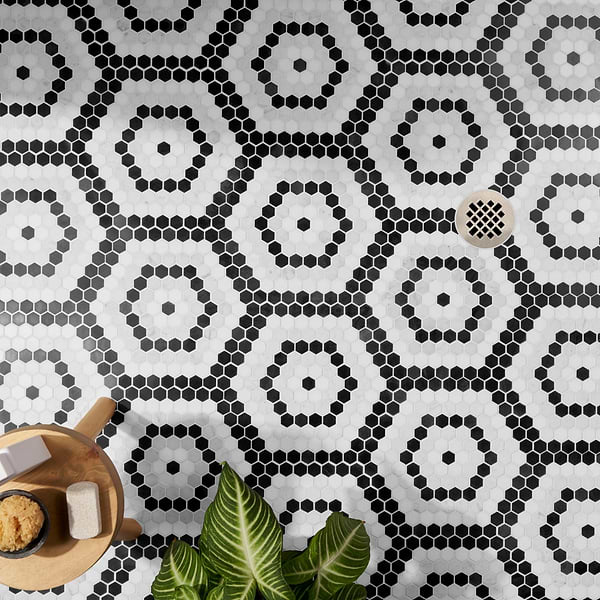 Juno Honeycomb Black and White 1" Hexagon Polished Marble Mosaic Tile